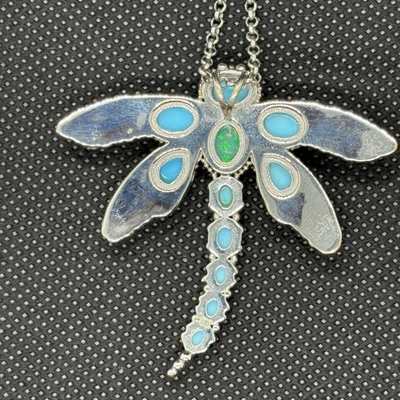 Exquisite Opal, SB Turquoise and Silver Dragonfly Pendant Necklace. 16-22” - Picture 3 of 4